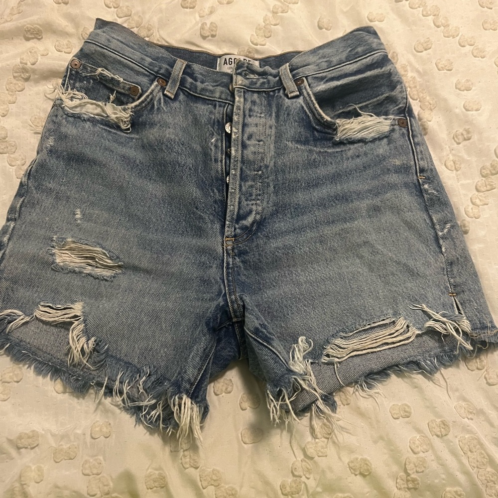 Agolde Blue Distressed Jean Shorts High-Waisted